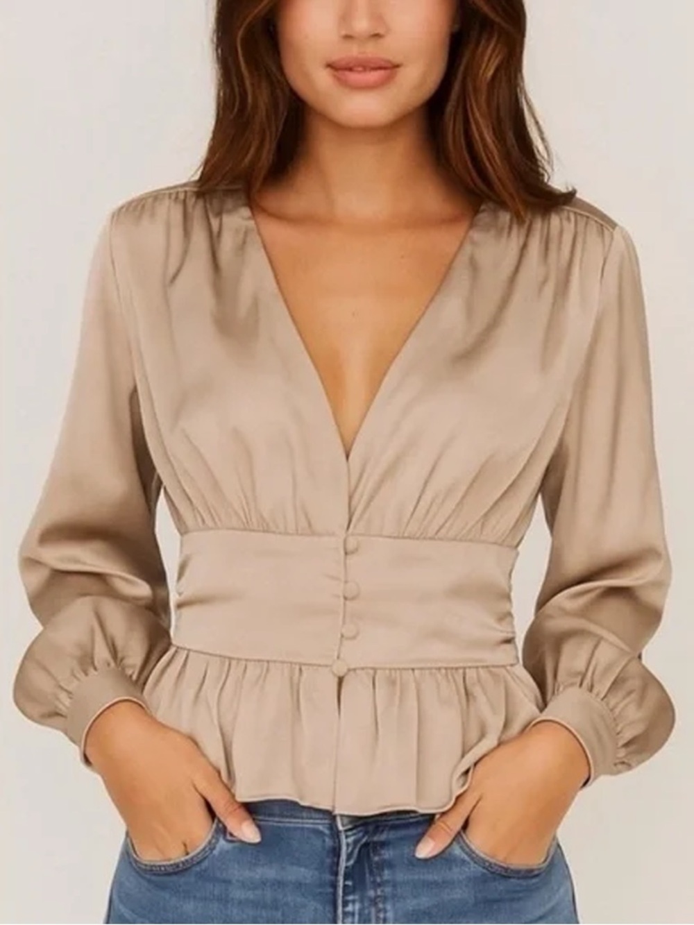 Jason Wu - Satin Peplum Blouse - Taupe